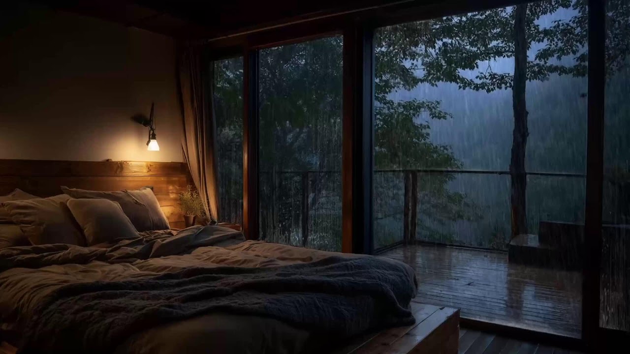 Late Night Focus in a Cozy Bedroom — 4K Night Rain with Jazz Music and Soft Jazz on Window