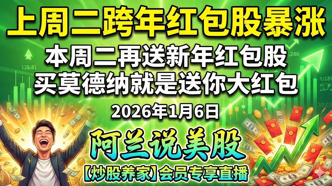 2026/1/6号阿兰师父给[炒股养家]及以上级别会员的新年红包股：莫德纳MRNA，以及亚马逊AMZN，大胆买进，用“炒股功夫-先守后攻”，收够红包就卖！助你稳拿开门红！[阿兰说美股]每周二会员直播