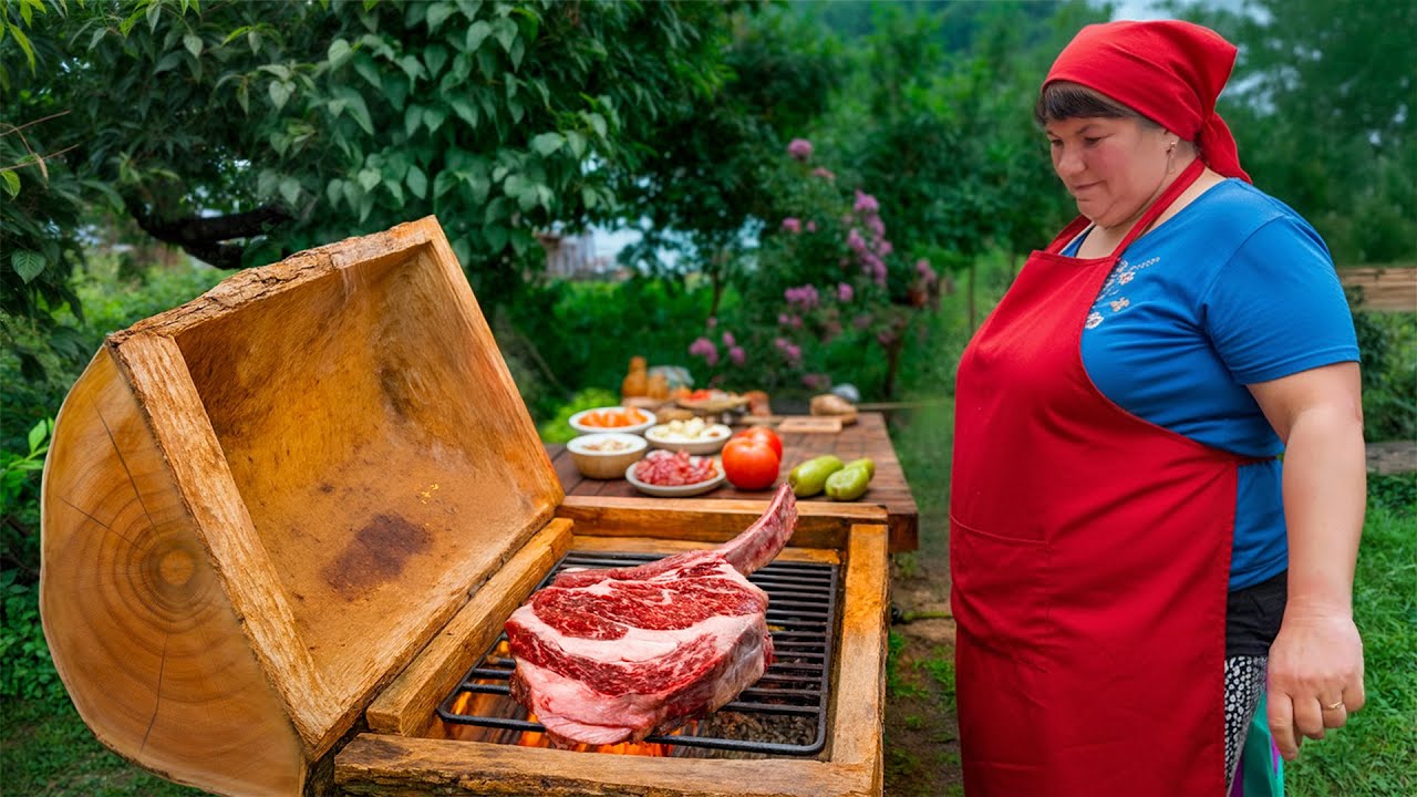 Giant Village Steak Cooked Over Fire — Real Rustic Village Cooking