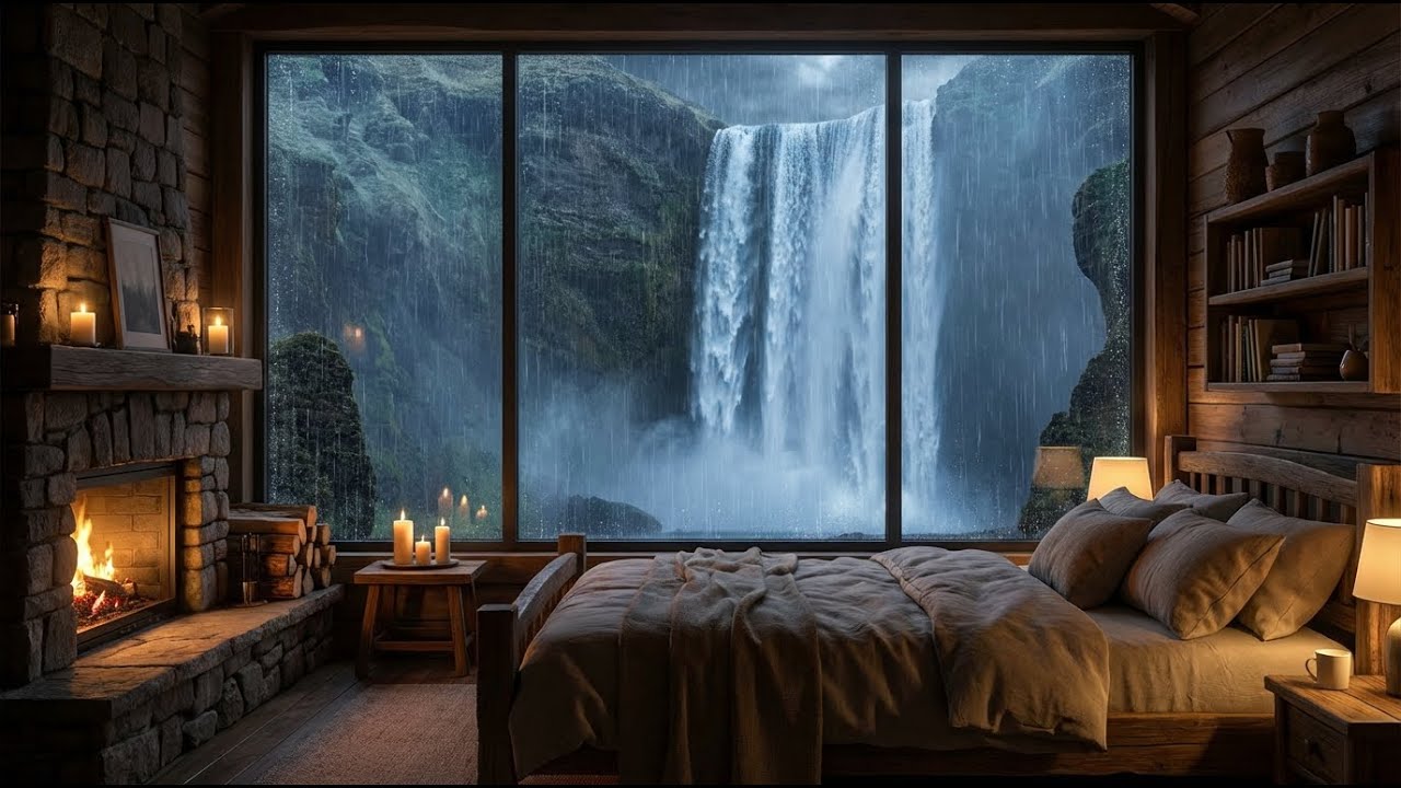 12 JAM:  Hidden Waterfall Cabin   Stormy Night & Warm Fireplace   to Fall Asleep Fast  4K ASMR