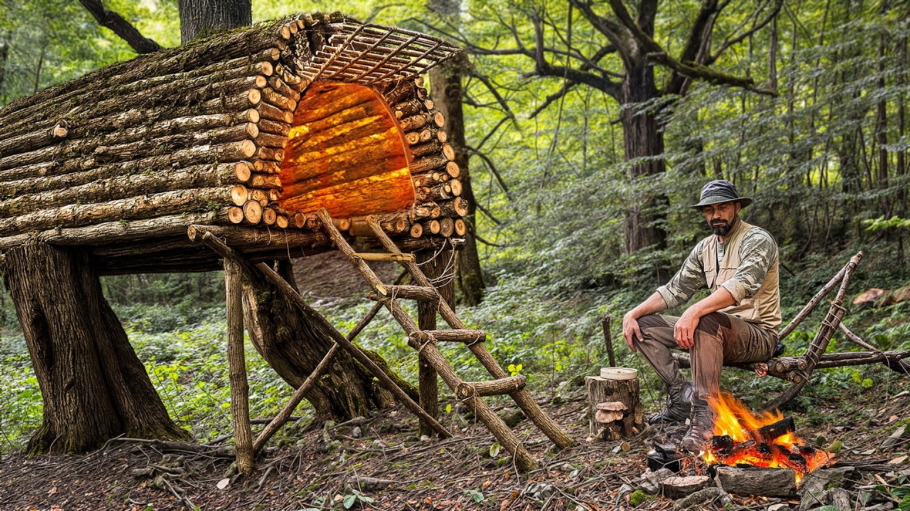 Wilderness Survival With Dogs Tree Shelter Build and Bear Encounter