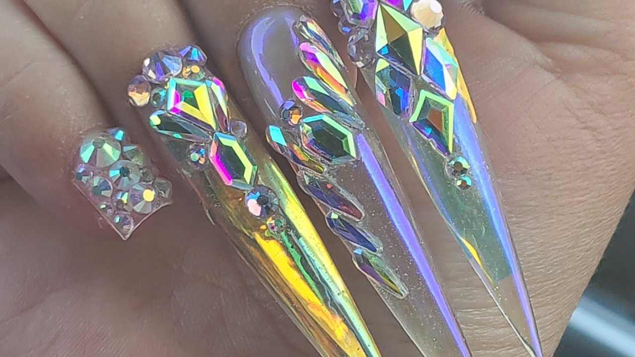 ACRYLIC TUTORIAL :IRIDECENT BLUE WITH BLING