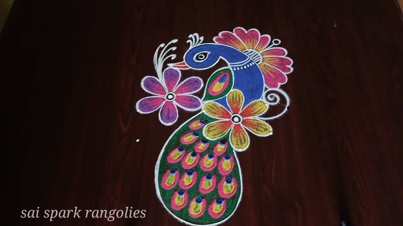 latest peacock rangoli (5*3) | easy mayil kolam | peacock with flower rangoli @saisparkrangolies