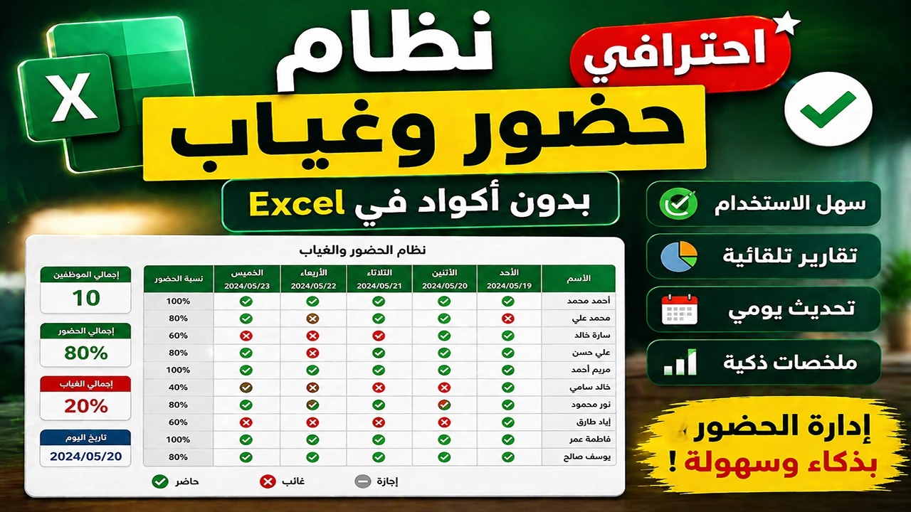 نظام حضور وغياب احترافي بدون أكواد في Excel