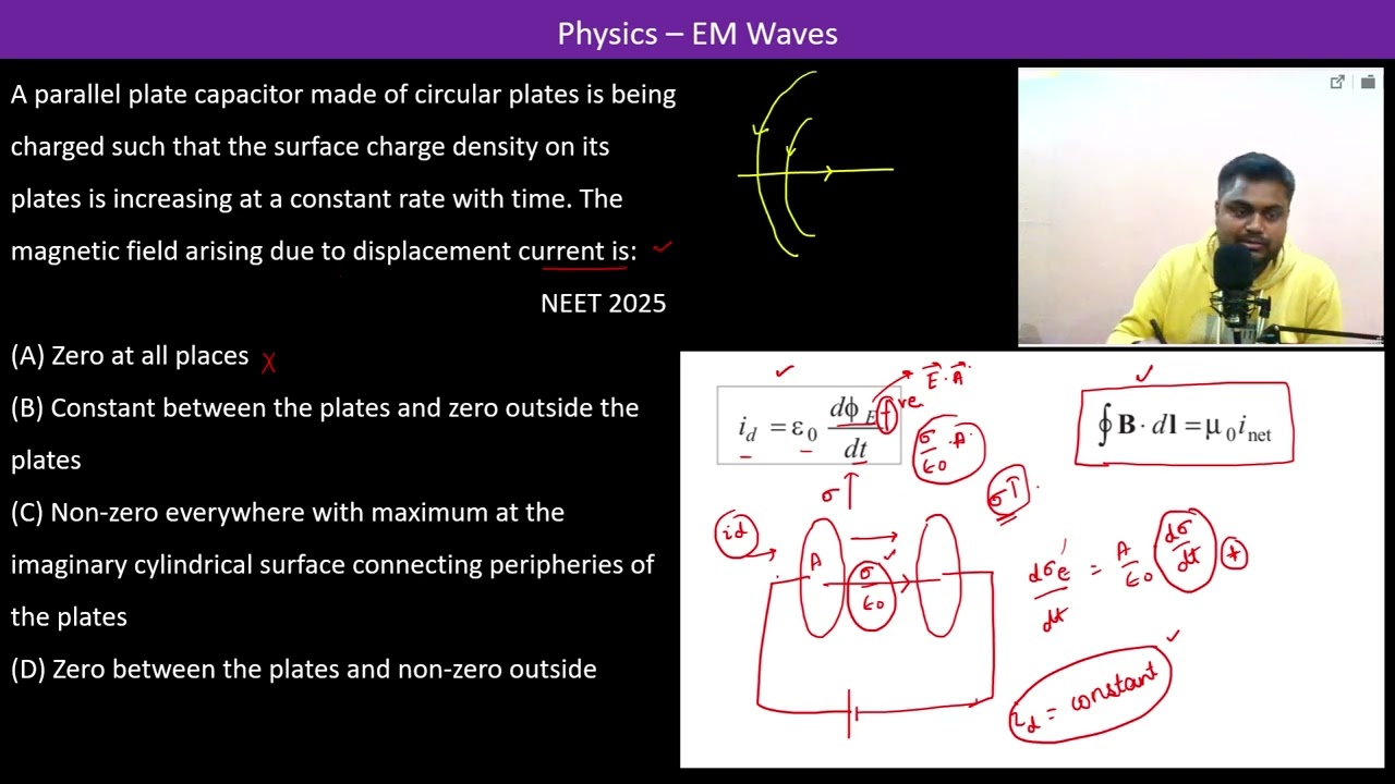 A parallel plate capacitor made of circular plates is being charged such that the surface charge