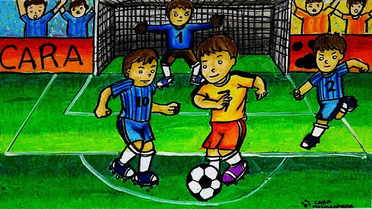 Cara Menggambar dan Mewarnai Tema Olahraga Sepak Bola dengan Crayon Oil Pastel yang Bagus dan Mudah