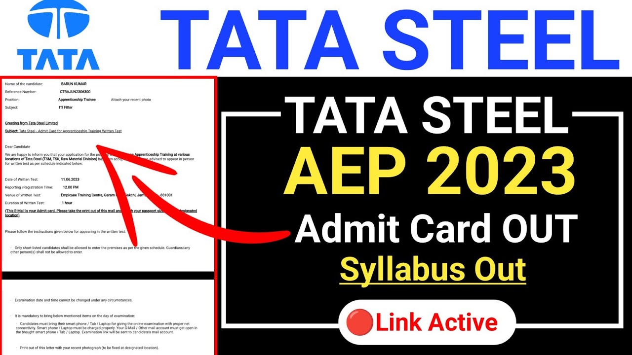 Tata Steel AEP Admit Card Out 2023 || Tata Steel Aspiring Engineers Program 2023 Admit Card Out |