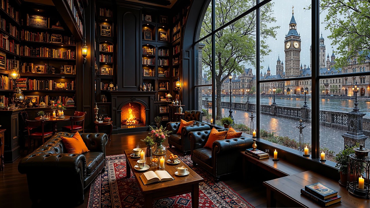 London Bookstore Cafe Ambience 🌧️ Smooth Piano Jazz, Crackling Fireplace & Rain Sounds for Reading