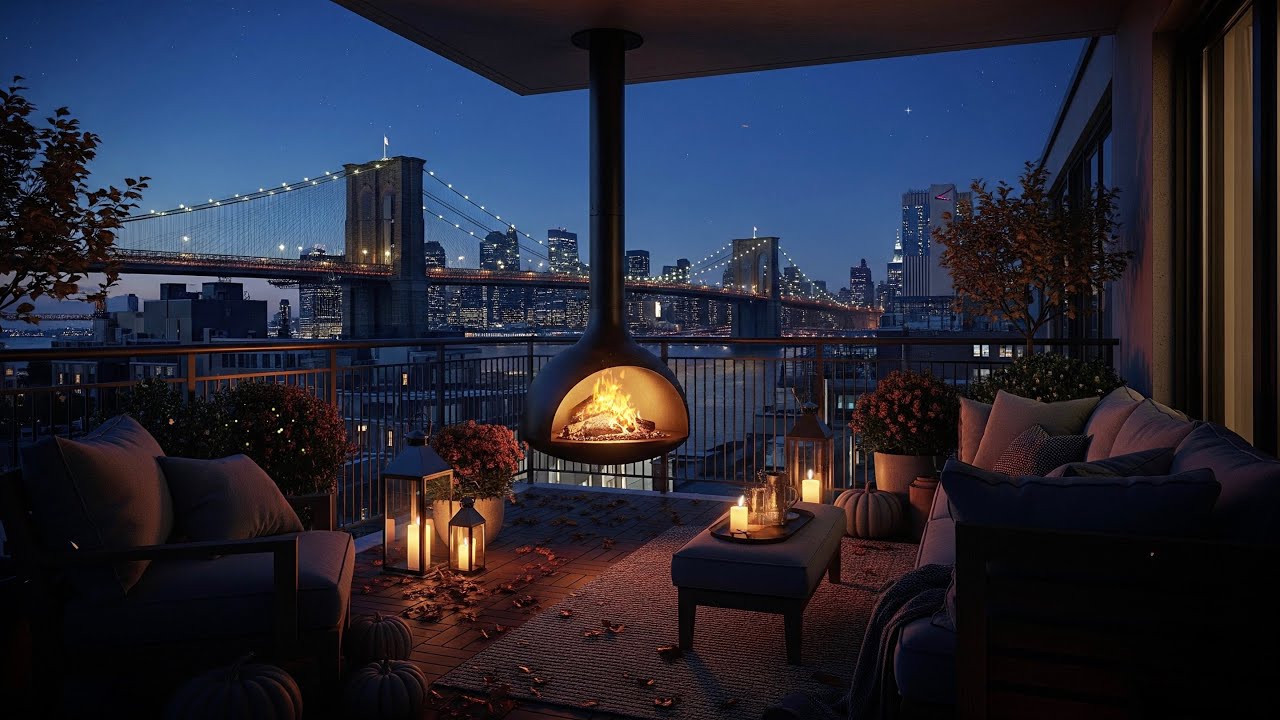 Cozy Fall Evening New York City Manhattan Bridge View Balcony 🍂🌉😌 (Fireplace and City Sound)