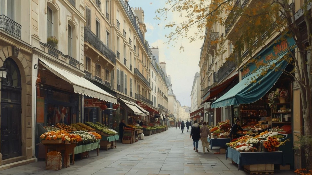 Paris France Romantic Street Scene with Flower Market Painting | Frame TV Art Display | 2-Hour