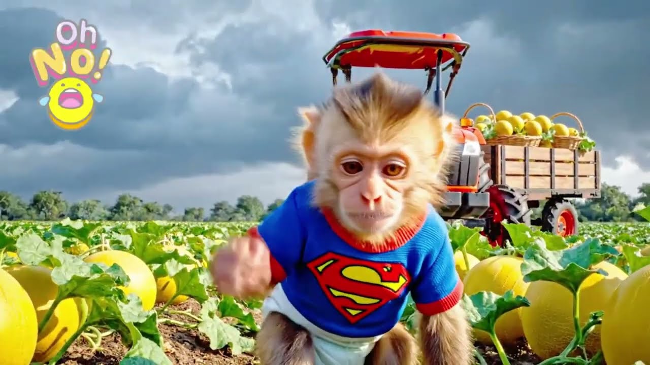 Baby Monkey&rsquo;s Pumpkin Harvest Adventure on a Red Tractor Monkey Farm Work | ZeZe Monkey Life