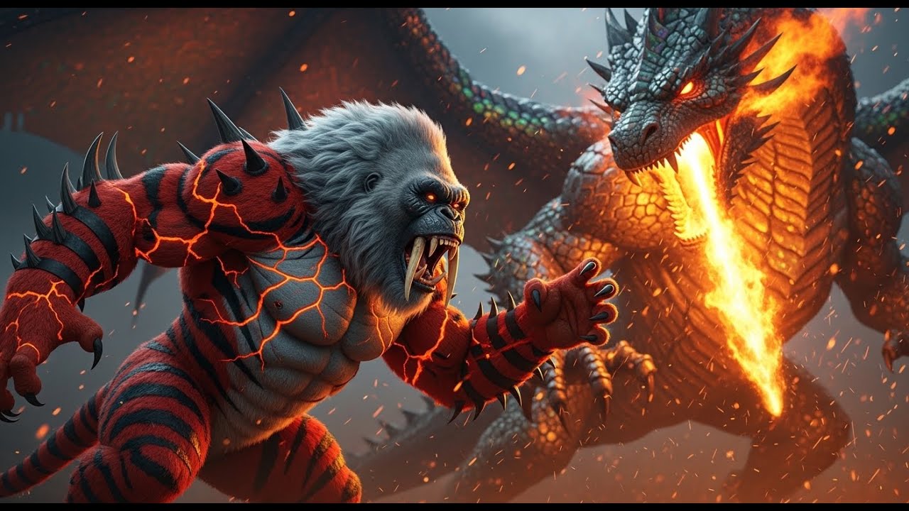 Epic King Kong Head Tiger Body vs Fire Dragon Battle