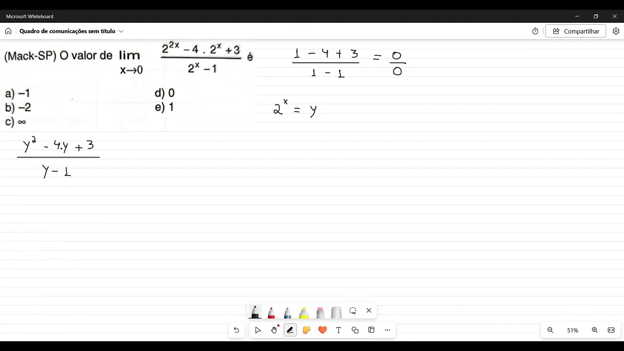 (Mack-SP) O valor de lim x → 0 [(2²ˣ - 4 . 2ˣ + 3)/(2ˣ - 1)] é