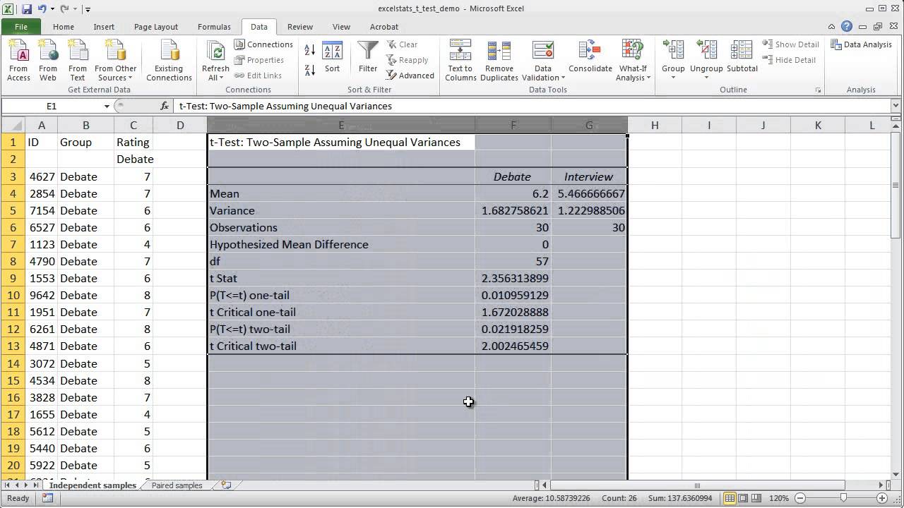 Проведение двухвыборочного t-теста в Microsoft Excel 2010