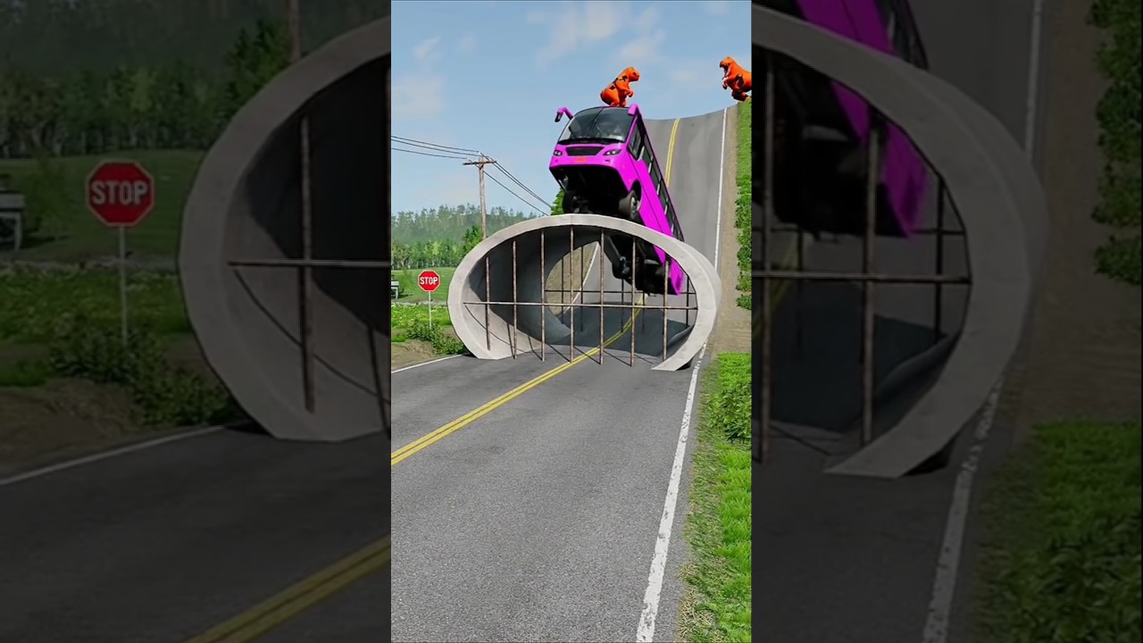 Buses & Dumper Truck vs Drain Pipe Crash - BeamNG.drive