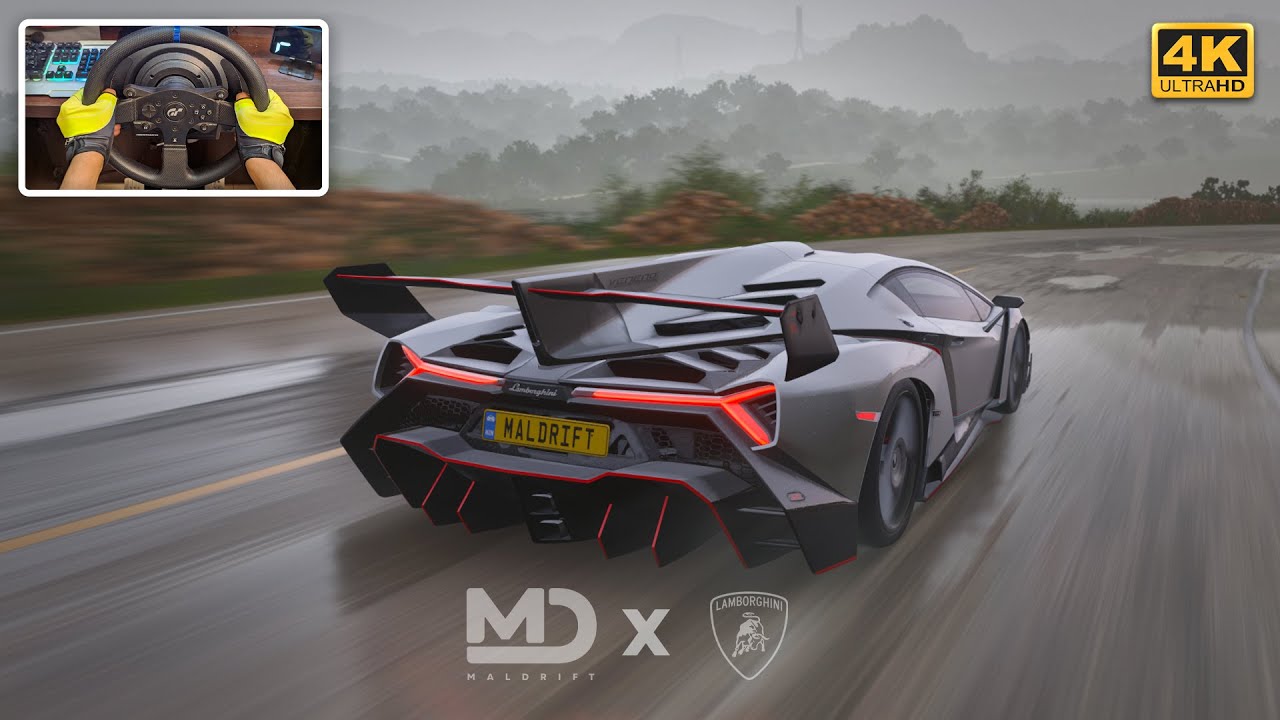 Forza Horizon 5 4K HDR - Lamborghini Veneno ( steering wheel ) | Heavy Rain thunder Storm Weather