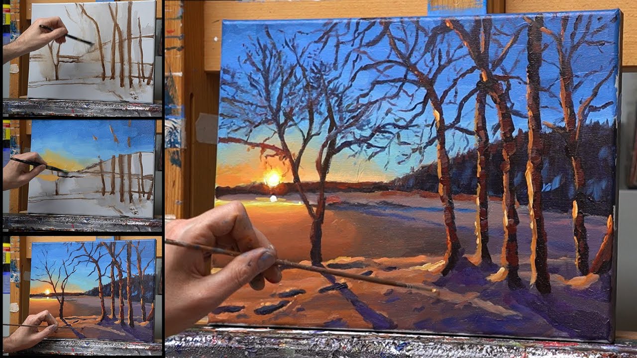 Sneeuwlandschap met zonsondergang: losjes schilderen met acrylverf