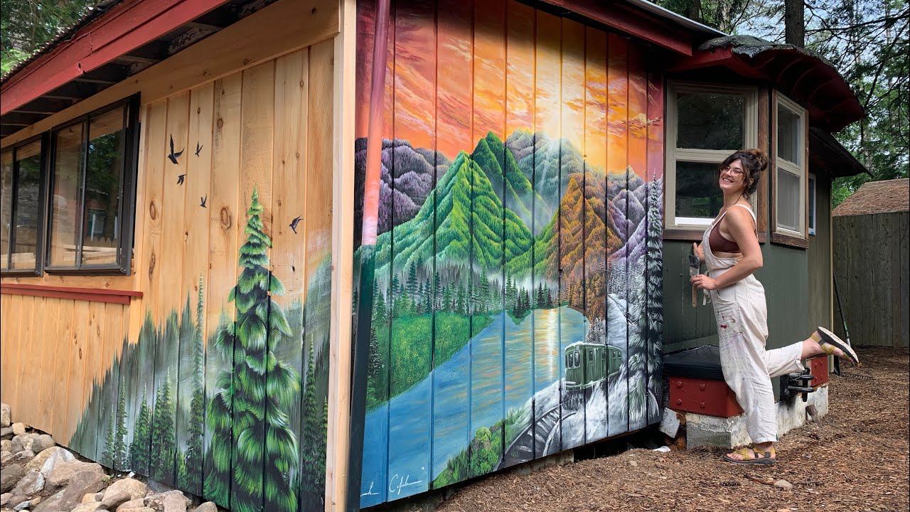 AirBnb Train Car Four Seasons Mural Timelapse- Acrylic Earth Art by Sarah Calzada