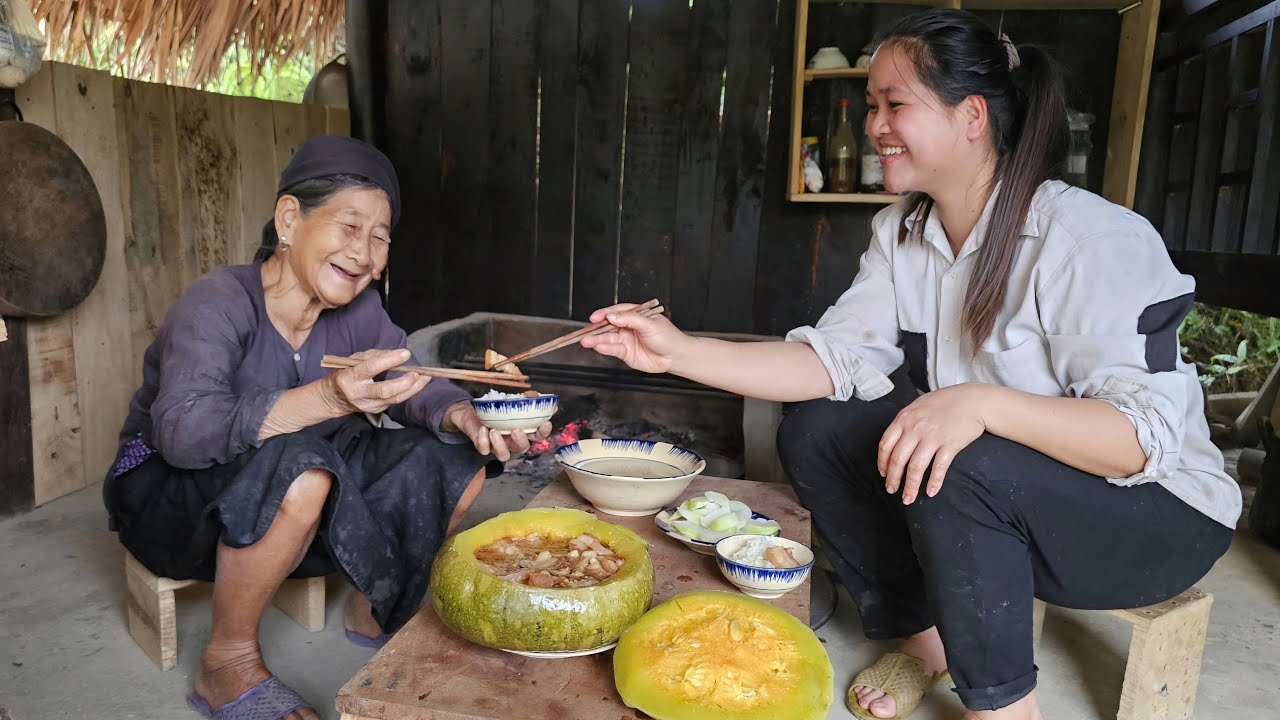 The homeless girl tasted the old woman's pumpkin stew for the first time.