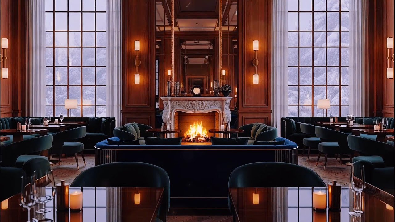 ❄️ 12 HOURS LIVE Snowy Jazz ☕ Cozy Winter Coffee Shop Ambience with Fireplace for Night Relax