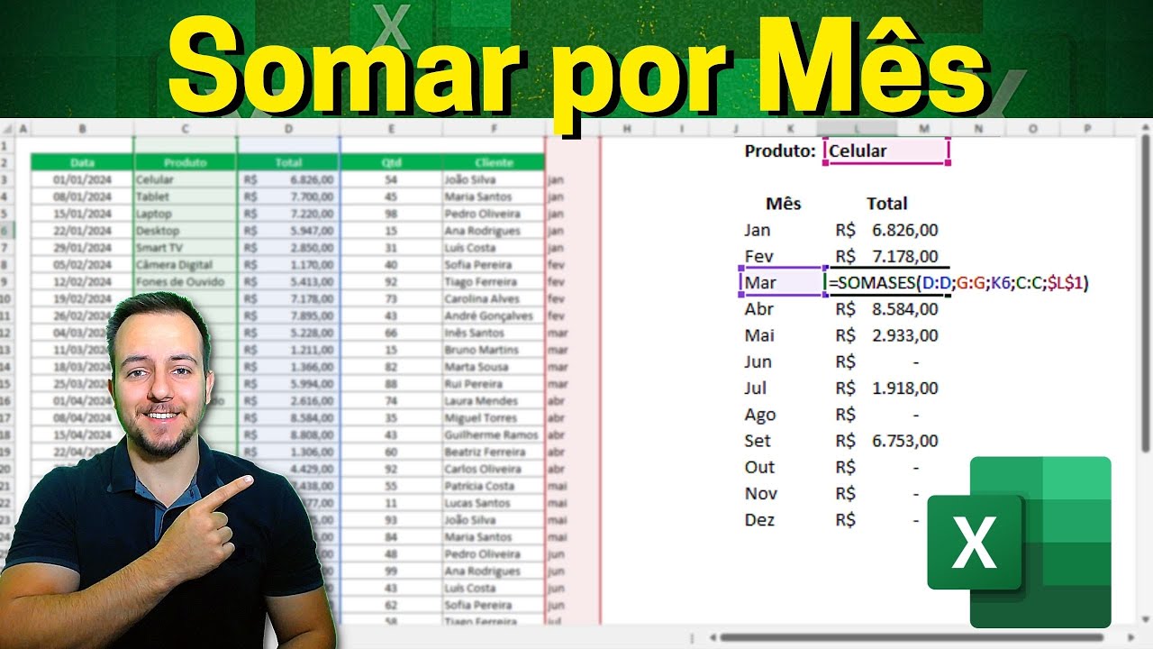 Como Somar por Mês no Excel com mais critérios como Produto, Cliente etc | Função Somases