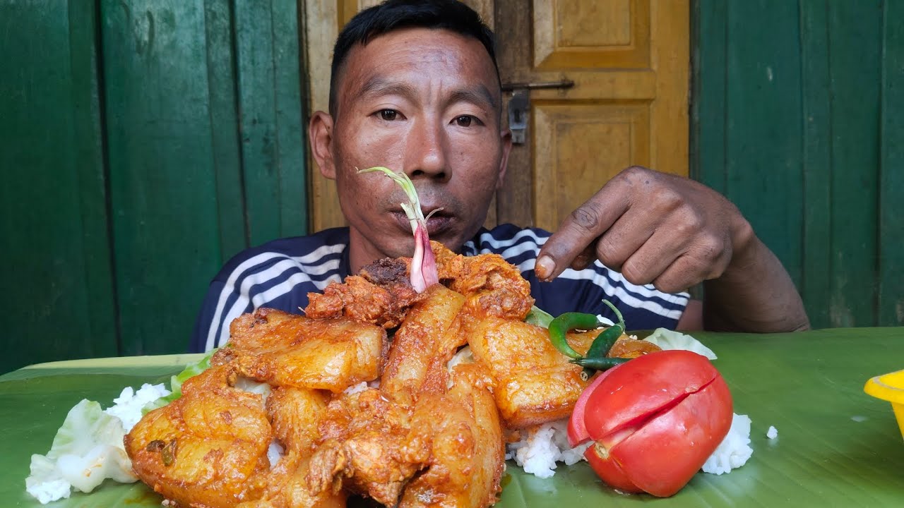 A very special Mukbang with pork , tomato 🍅 and spicy chilli 🌶️🔥🥵