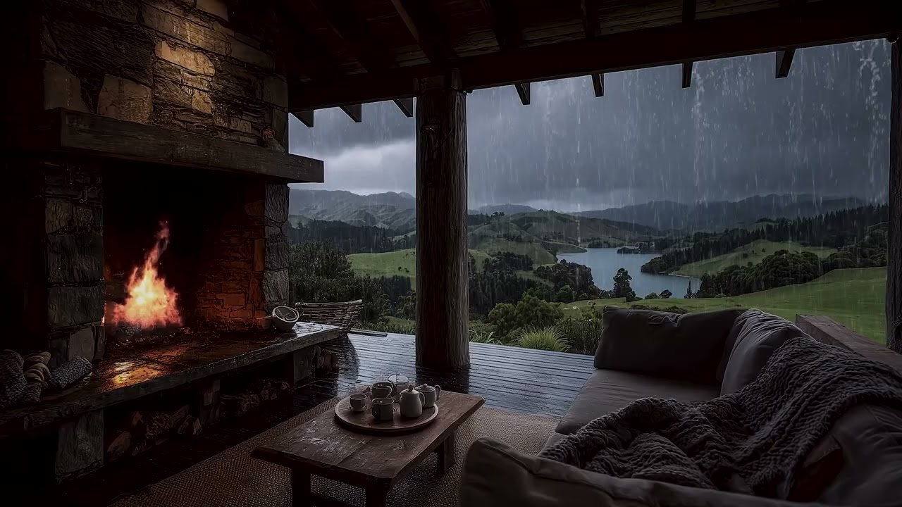 Stormy Evening in a Cozy Cabin | Fire & Rain Ambience