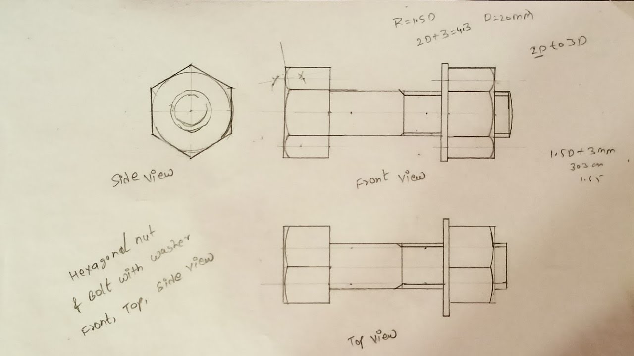 hexagonal nut and bolt front view top view side view || engineering drawing 2nd semester
