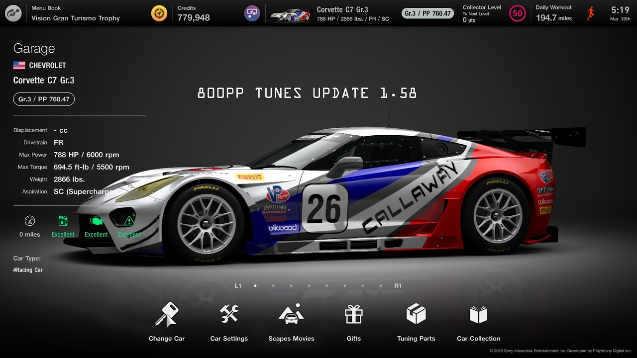 [Gran Turismo 7] Corvette C7 Gr.3 800pp tunes update 1.58
