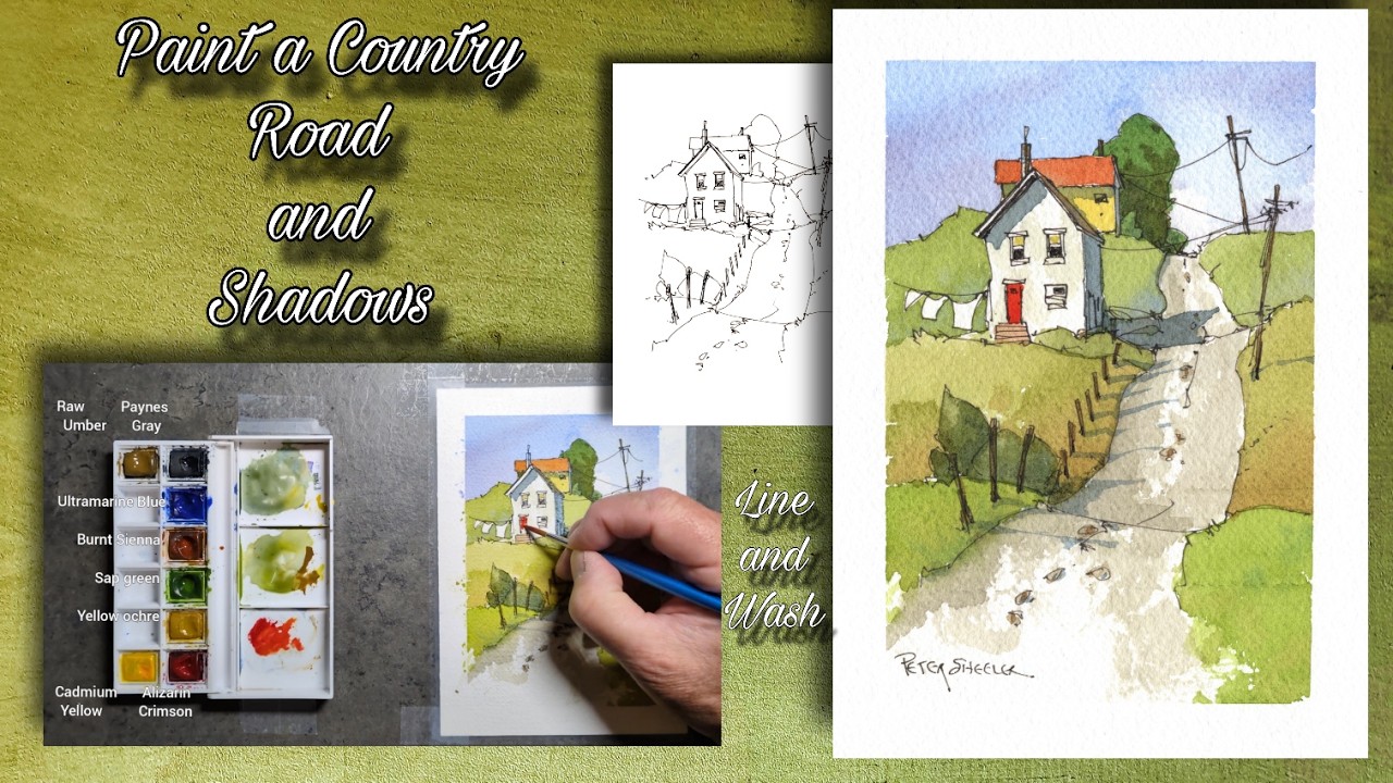 Old country road, Shadows and Farmhouses, Line and Wash Watercolor. Peter Sheeler, sheelerart