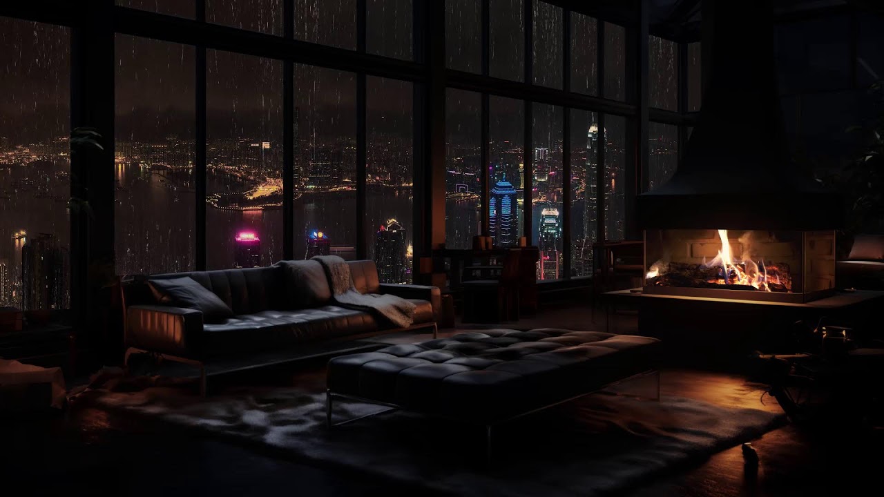 Entspannen & Schlafen – Regen am Fenster, knisterndes Kaminfeuer & Stadtblick bei Mitternacht 🌧️🔥🌙