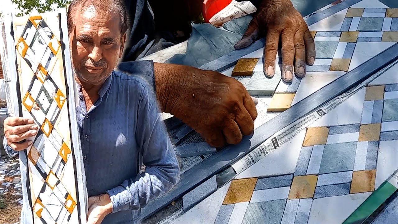Talented Seventy years Old Man makes Fascinating Floor Marble Border by hand in Marble Factory
