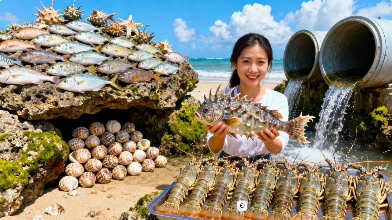 小章今天要发财啦！海浪冲上好多大海螺！大水坑里还都是造型奇特的海鱼！【赶海小章官方频道】