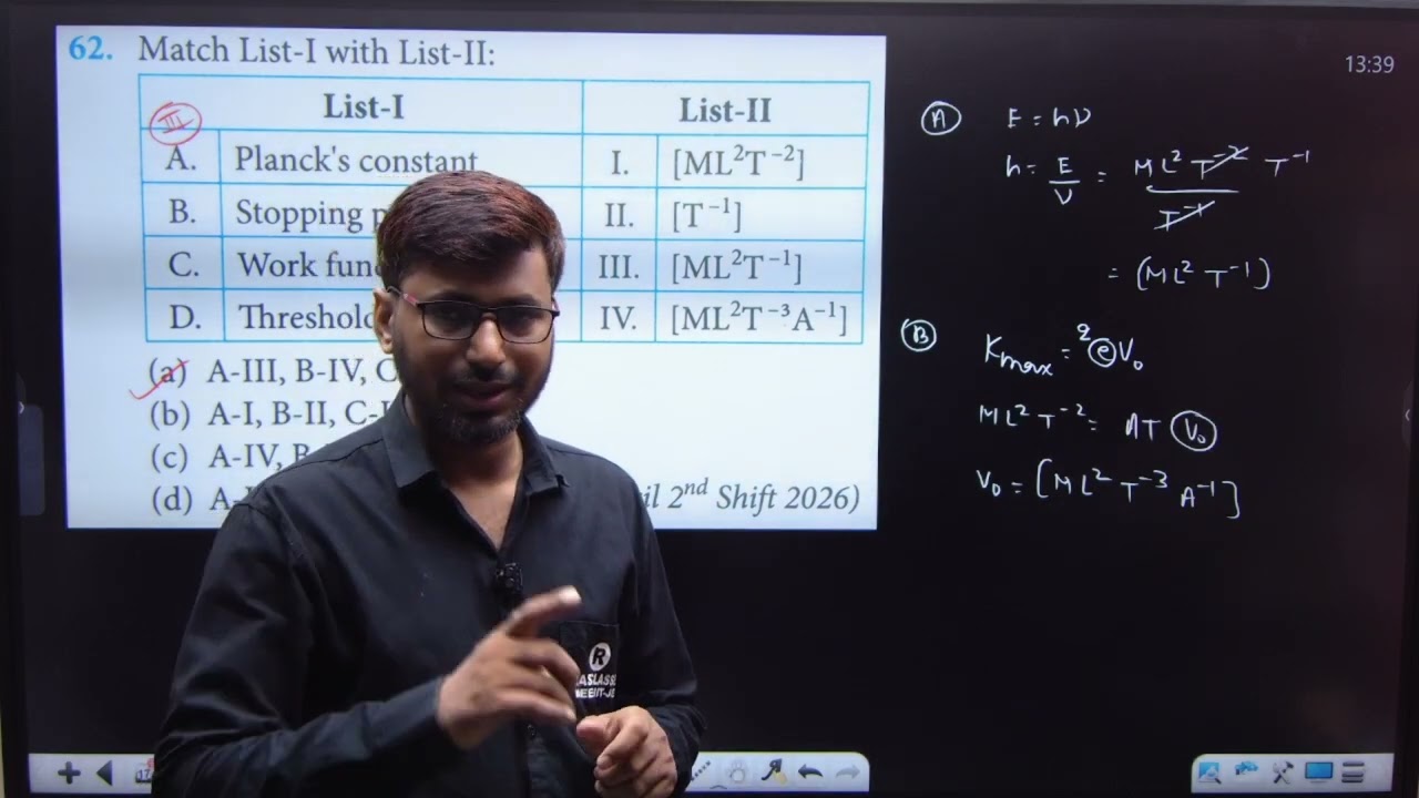 Match List-I with List-II: List-I (A) Planck's constant (B) Stopping potential (C) Work function