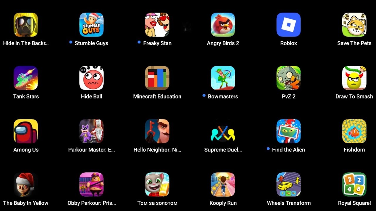 Fishdom, Hide in The Backroom, Tank Stars, Draw To Smash, Subway Surf, Roblox 