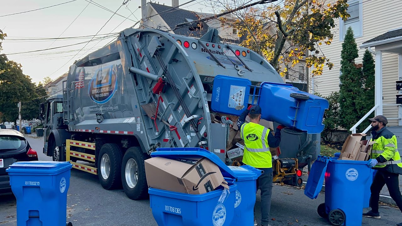 EZ Disposal Mack LR Garbage Truck Flying Through Heavy￼ Waltham Recycling