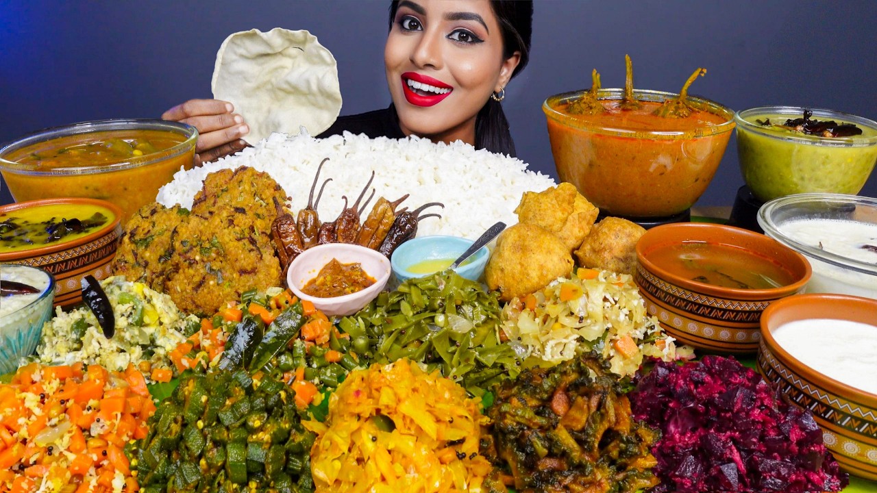 ASMR Eating South Indian Thali Sadhya,Rice,Sambar,Kheer,Papad,Veg Stir Fry ASMR Eating Food Video