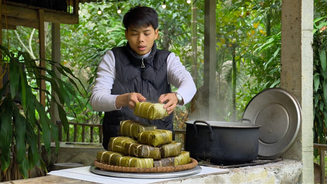 Living Alone During Tet Holiday. Preparing Traditional Banh Chung in a Peaceful Small Home