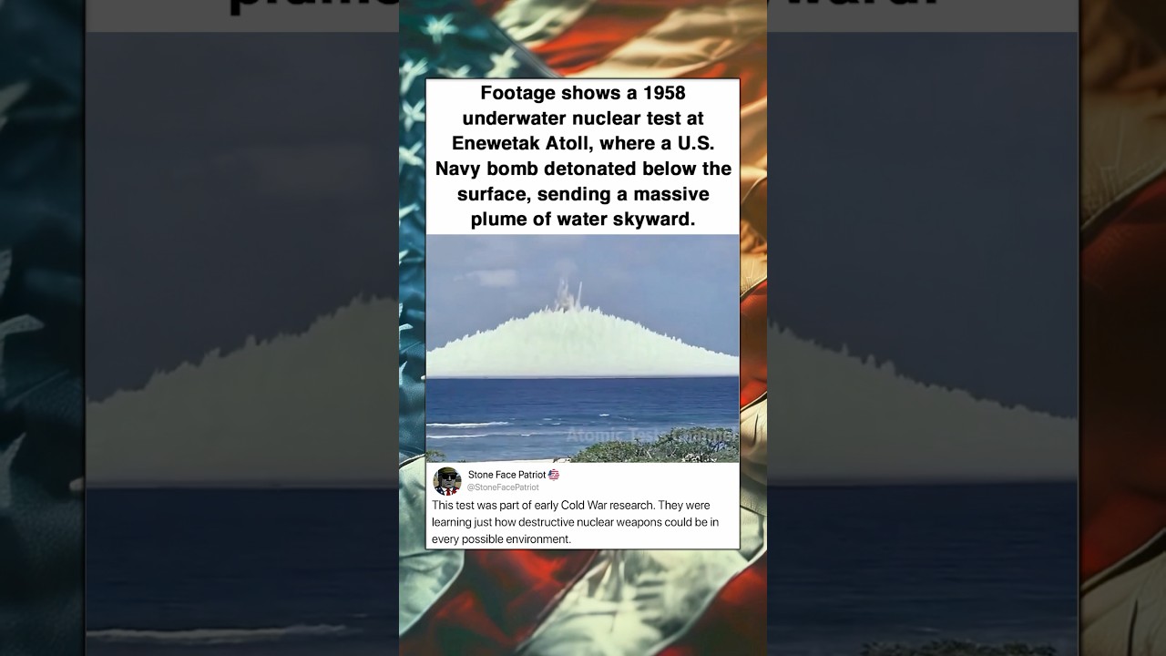 Footage shows a 1958 underwater nuclear test at Enewetak Atoll, where a U.S. Navy