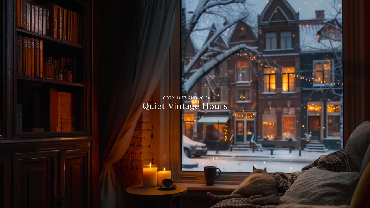 雪降るボストン街、本に囲まれた静かな部屋で猫と過ごす私だけの時間｜Winter Vintage Jazz | Quiet Vintage Hours