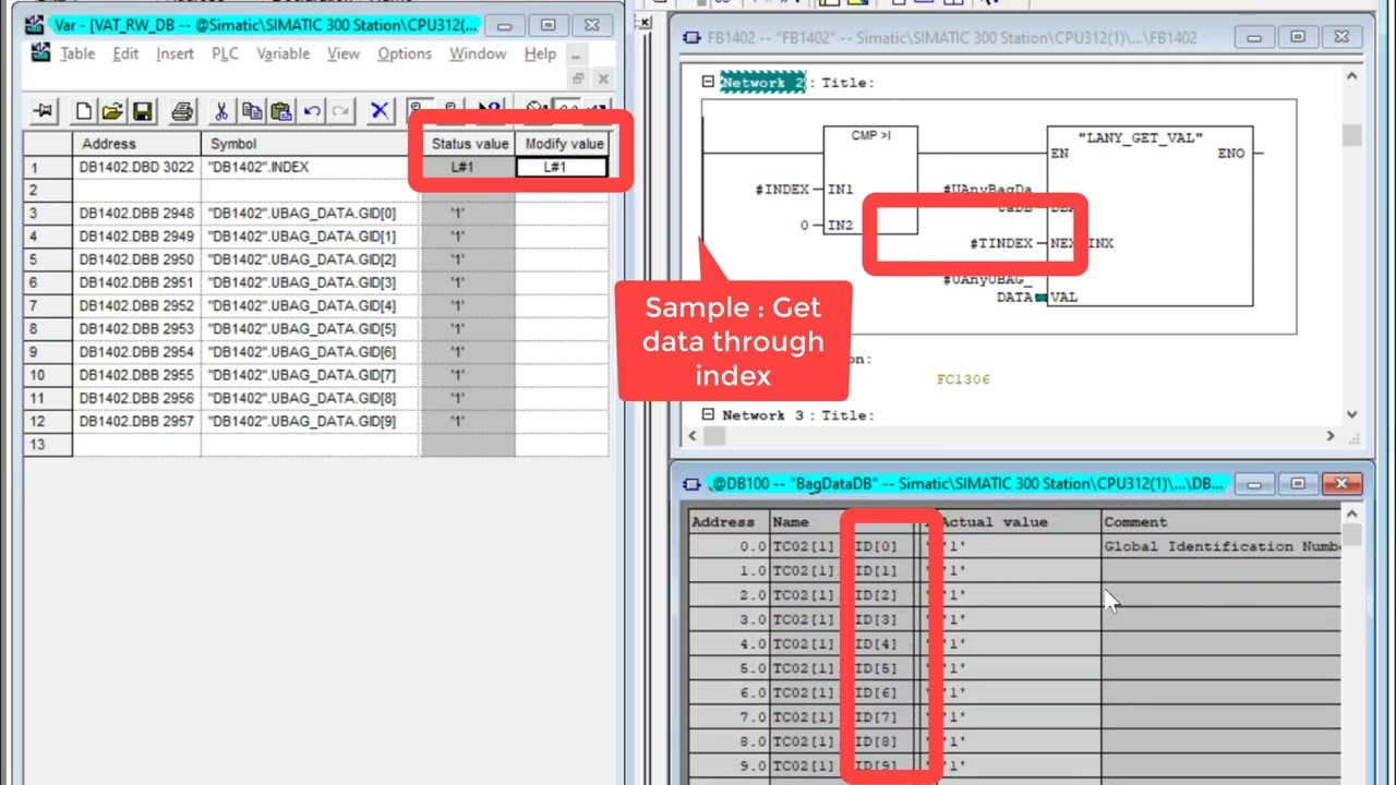 Simatic Manager Get DB array data through index which finding addressing automatically. ANY Pointer