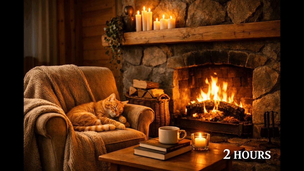 Cozy Cabin Fireplace 🔥 Sleeping Cat Ambience 🐈 | Relax, Study, Sleep 2 HOURS