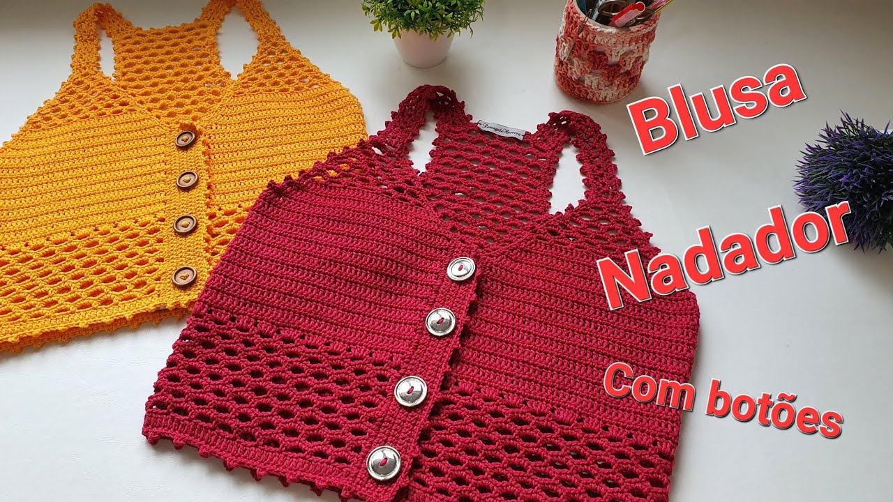 Regata/blusa nadador com botão em crochê amarela/vermelha 😍