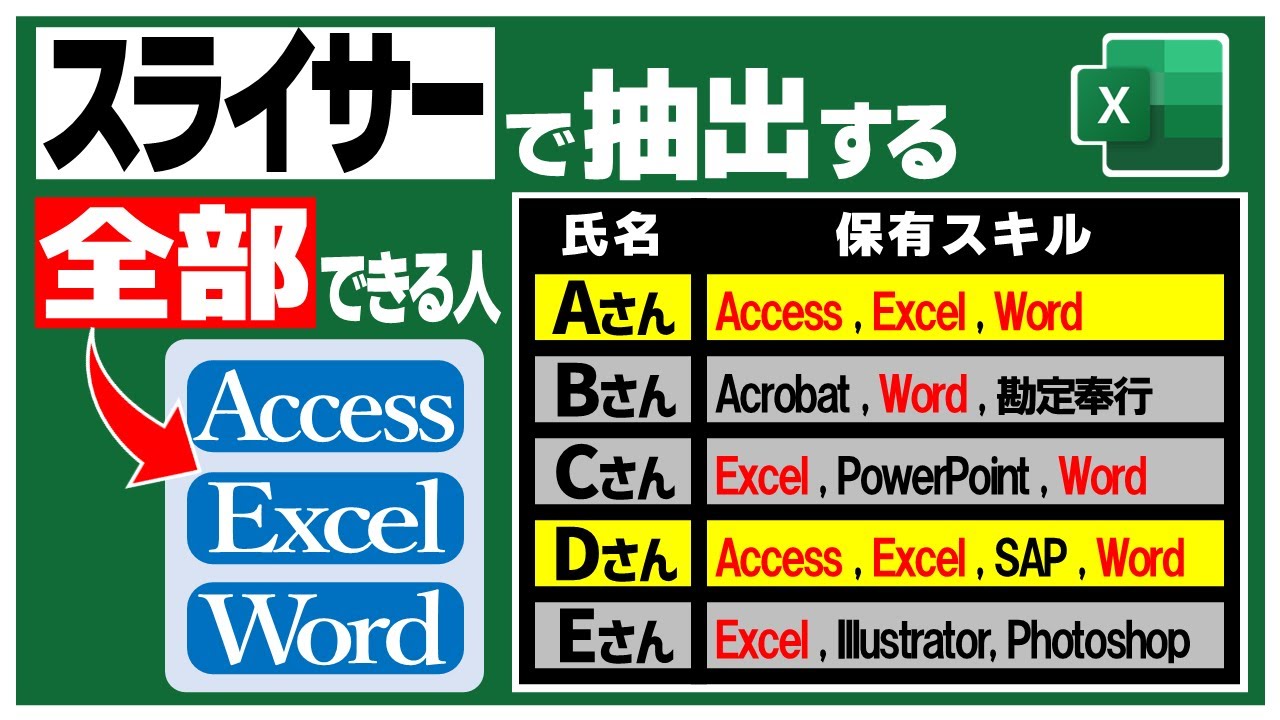 【Excel】カンマ区切りのスキル表から必要スキルを「すべて」もつ人を抽出する【YT0177】