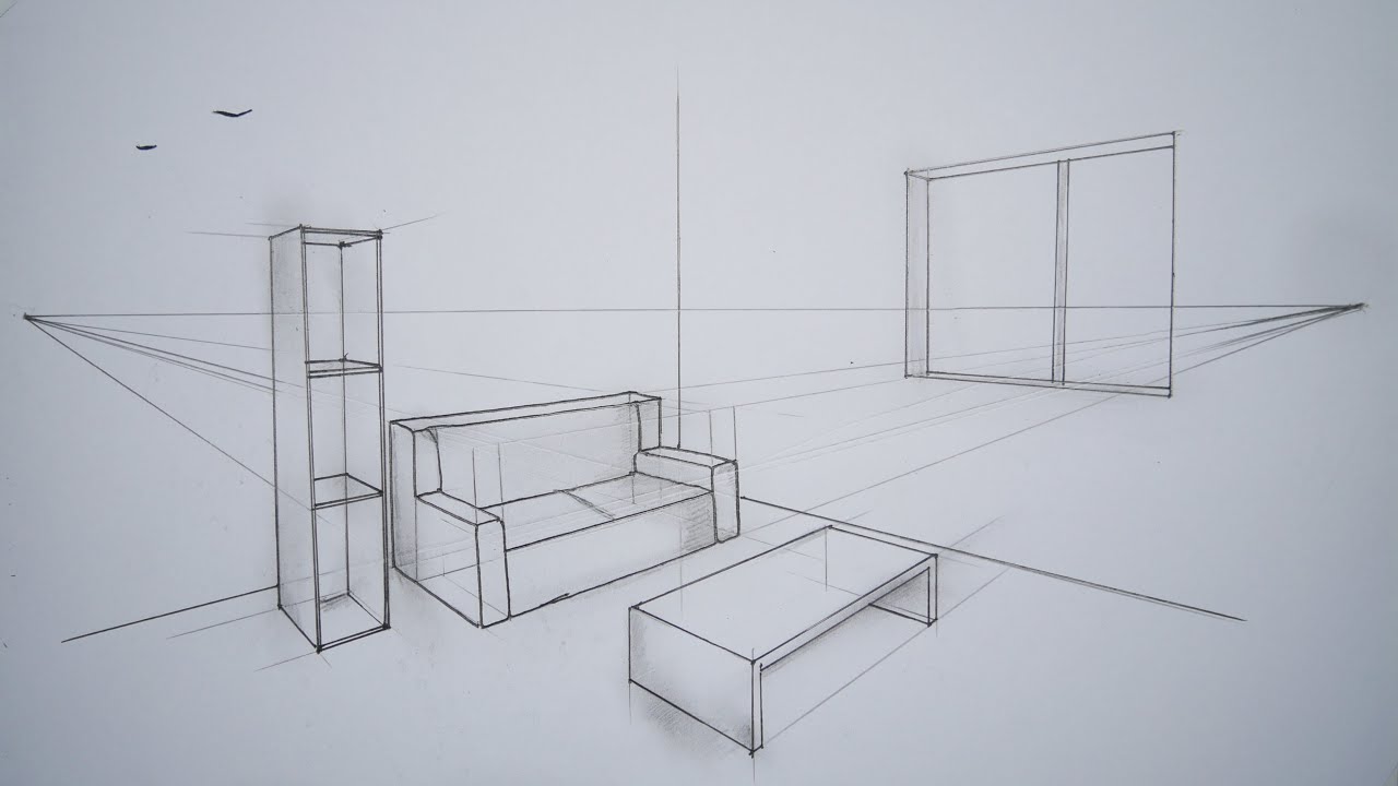 how to draw simple living room in 2 point perspective