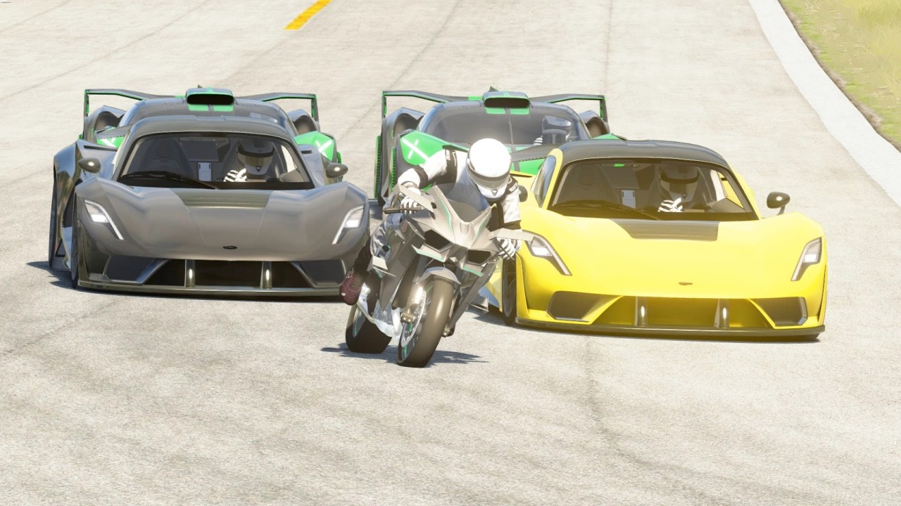 Kawasaki Ninja H2R Supercharged vs Hennessey Venom F5 vs Bugatti Bolide at Old SPA
