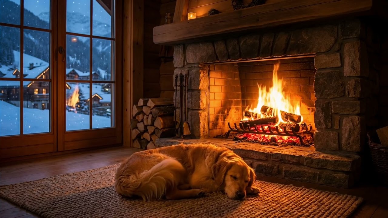 🐶🔥 12 Hours Cozy Fireplace with Sleeping Dog  | Cozy Fire Ambience for Sleep & Relaxation