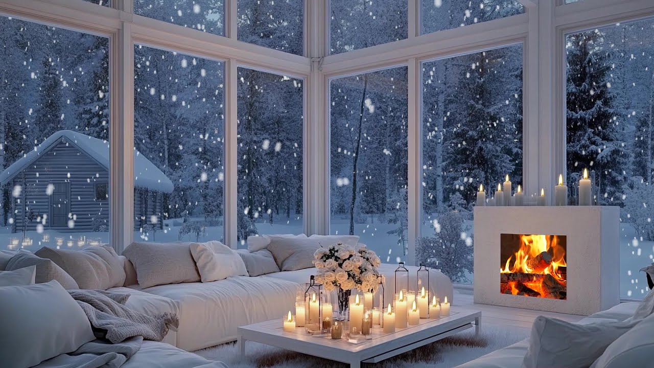 🌨️🎹 Soft Winter Piano Lounge | Snow Outside, Fireplace & Flowers | 4 Hours Sleep Music Calm