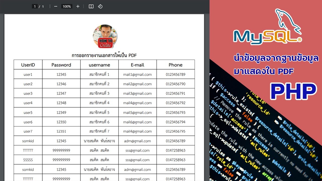 นำข้อมูลจากฐานข้อมูล  SQL  มาแสดงผลหรือออกงานให้เป็น  PDF