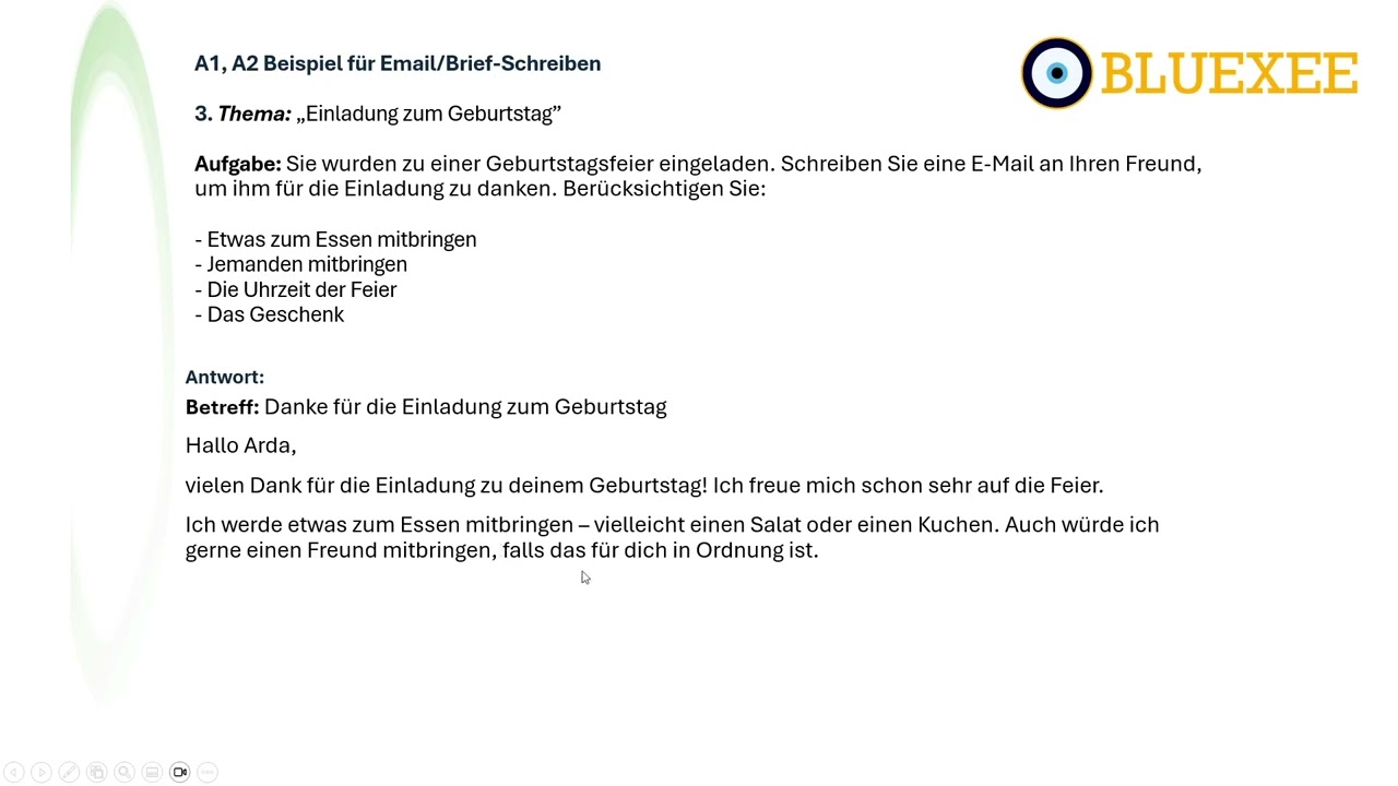 TELC A2 Almanca Mektup/Email Örnek 3 - Einladung zum Geburtstag